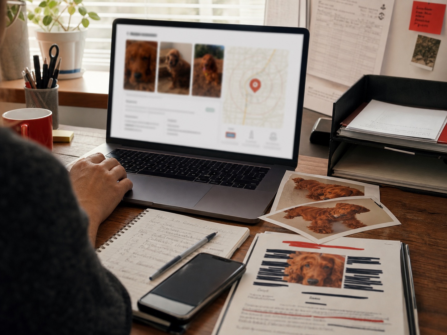 A human operator reviewing dog photos and a last-seen map before preparing a missing dog alert