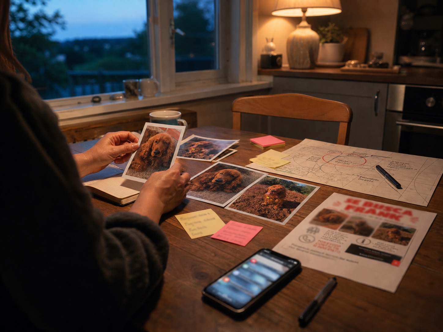 An owner at a kitchen table preparing dog photos, notes, and a last-seen map