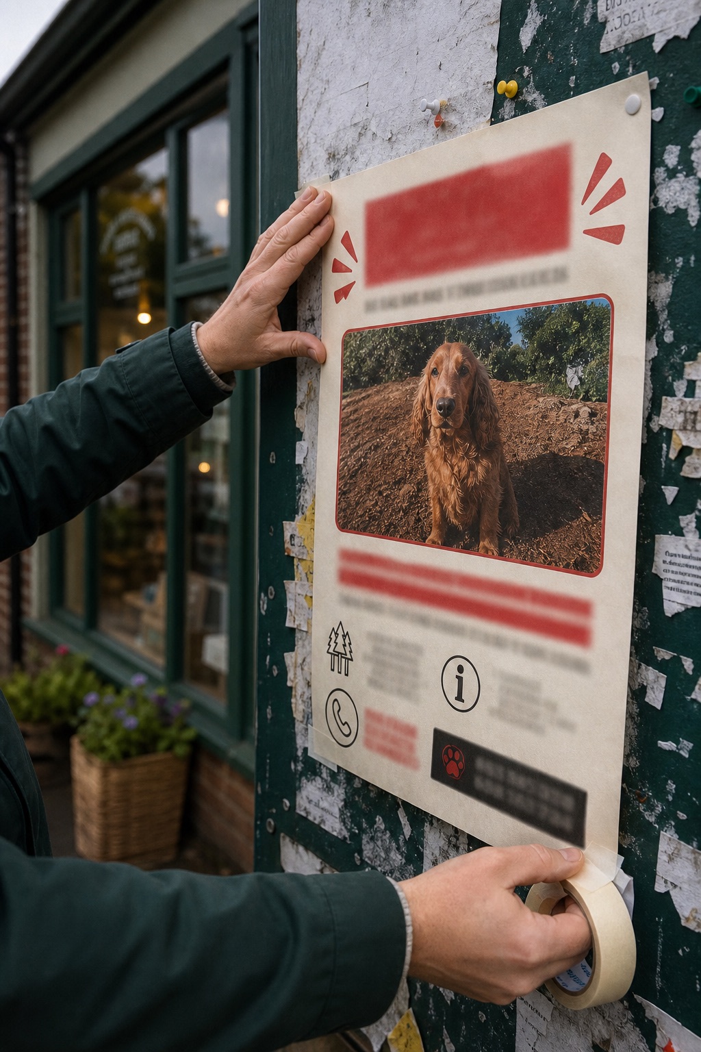 A person placing a missing dog poster on a local community noticeboard