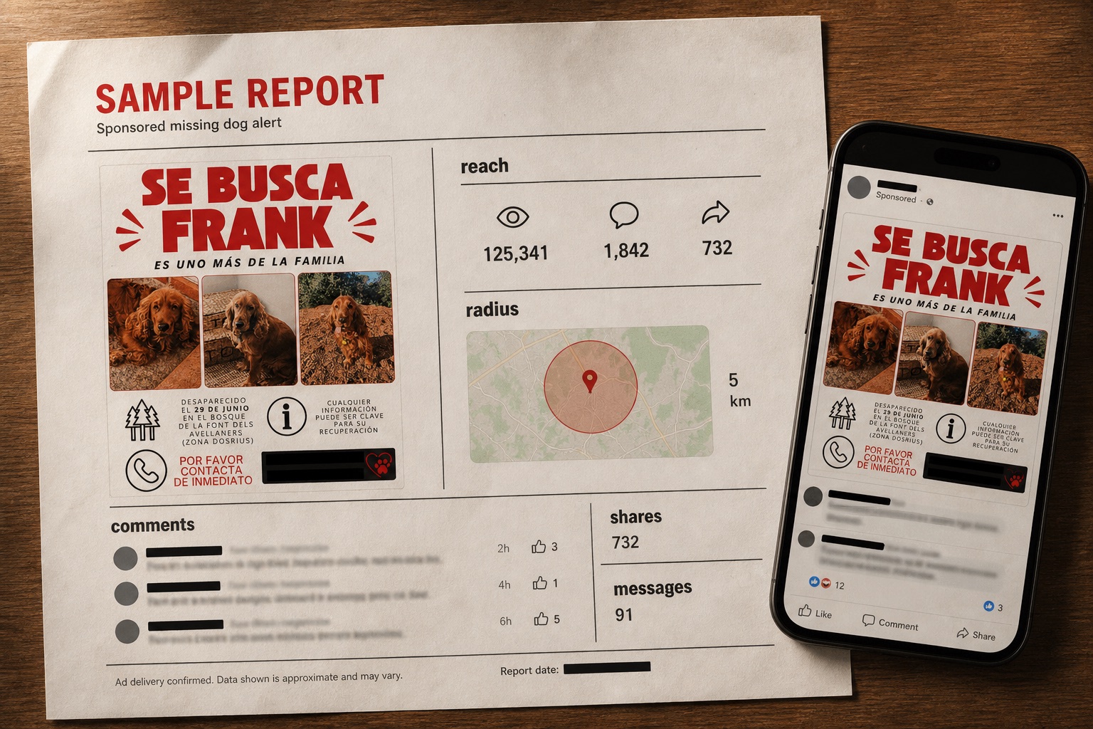 Redacted sample lost dog ad report showing reach, comments, shares, messages, and radius