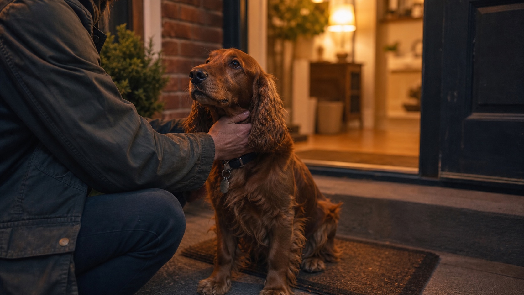Illustrative photo of a spaniel safely back by a front doorway with a person beside them